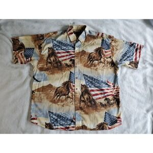 Bit and Bridle Mens XL Shirt USA American Flag Patriotic Western Horses All Over